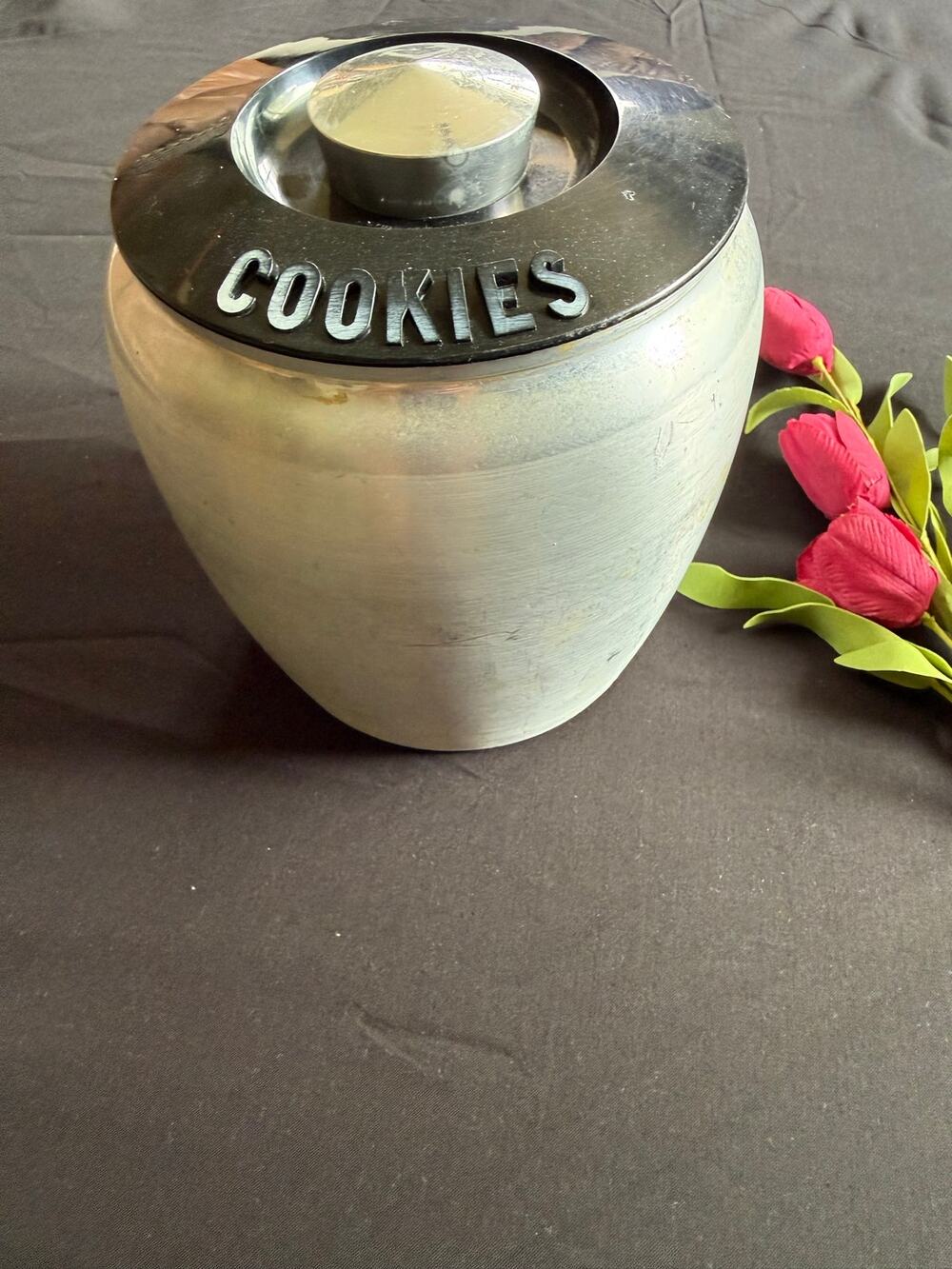 KROMEX  Spun Aluminum Cookies Canister 1950s Mid Century Modern Granny Core